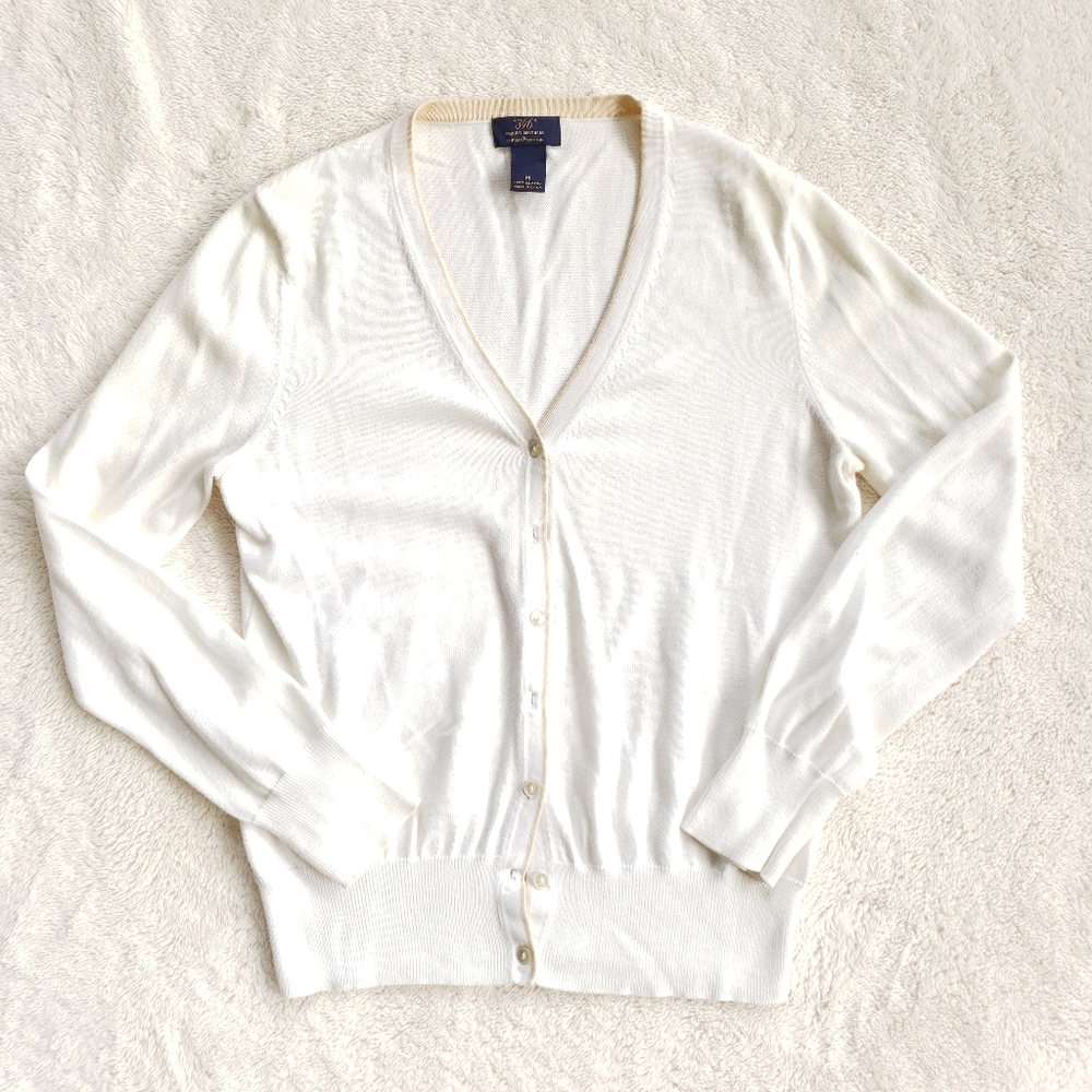 Brooks Brothers White V-Neck Button Cardigan